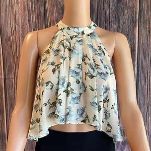 L’atiste cream floral blue and green flowy crop halter top size medium blouse